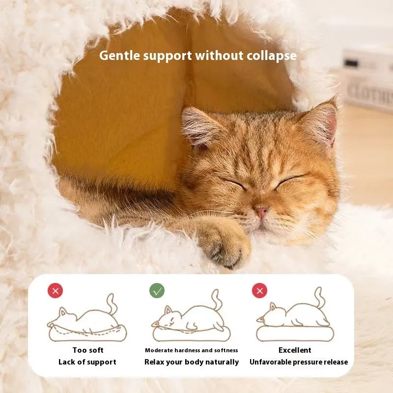 Closed warm plush cat nest in plush white bear colour, size M, on a wooden floor