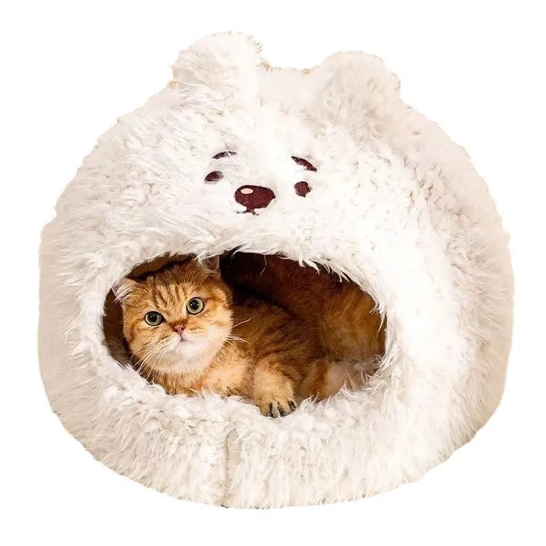 Closed warm plush cat nest in plush white bear colour, size M, on a wooden floor