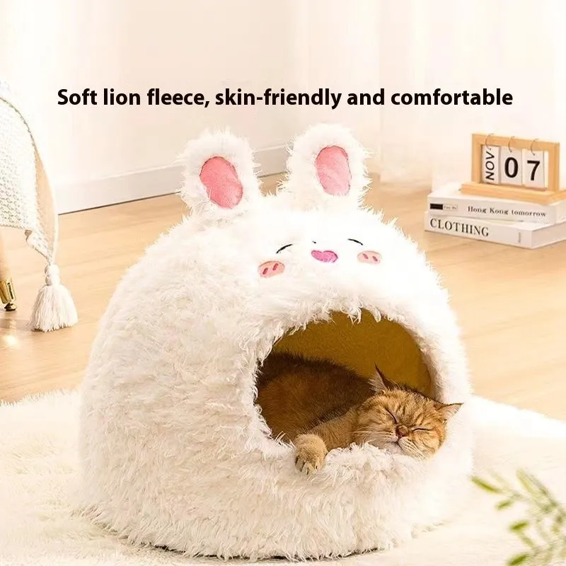 Closed warm plush cat nest in plush white bear colour, size M, on a wooden floor