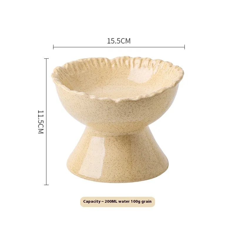 Anti-tumble large diameter ceramic pet bowl for cats in beige, side view