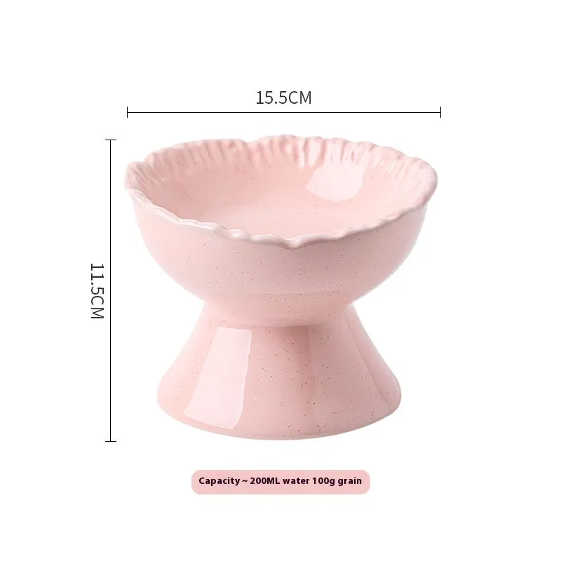 Anti-tumble large diameter ceramic pet bowl for cats in beige, side view