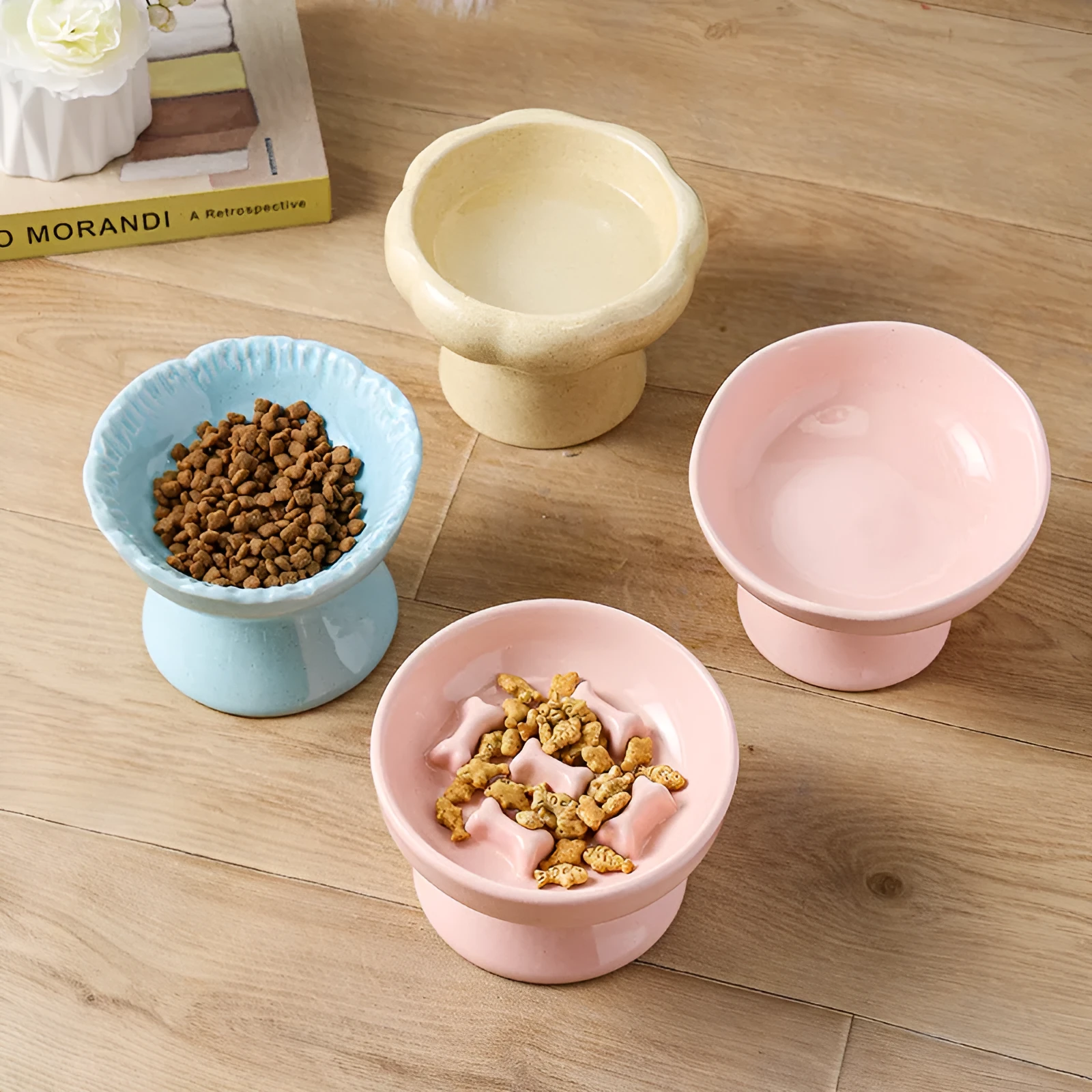 Anti-tumble large diameter ceramic pet bowl for cats in beige, side view