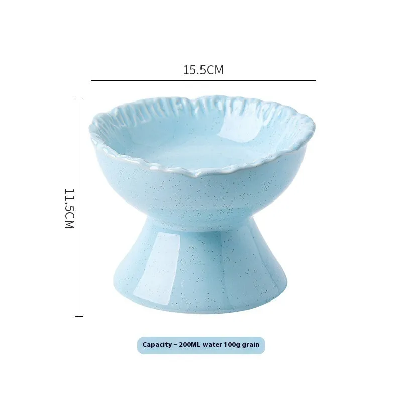 Anti-tumble large diameter ceramic pet bowl for cats in beige, side view
