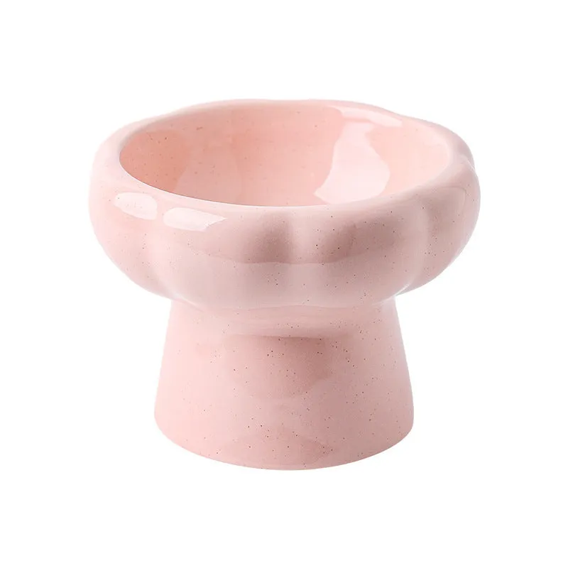 Anti-tumble large diameter ceramic pet bowl for cats in beige, side view