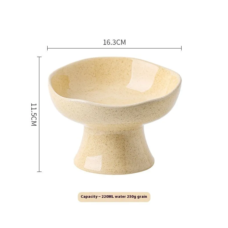 Anti-tumble large diameter ceramic pet bowl for cats in beige, side view