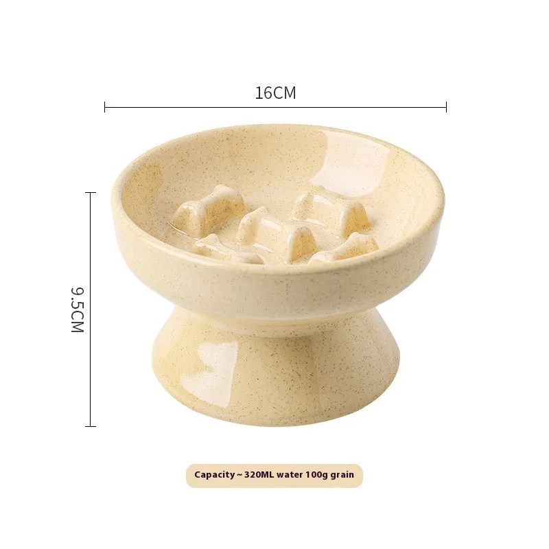 Anti-tumble large diameter ceramic pet bowl for cats in beige, side view