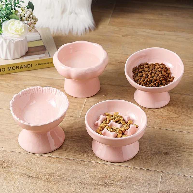 Anti-tumble large diameter ceramic pet bowl for cats in beige, side view