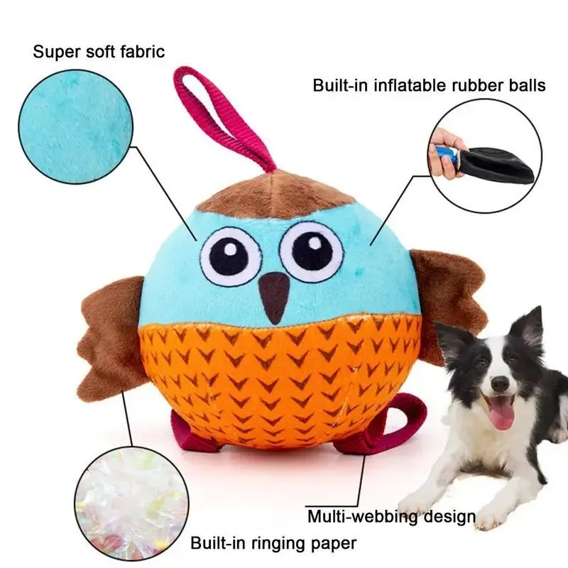 Orange interactive owl ball dog toy made from velvet and rubber for chewing and boredom relief