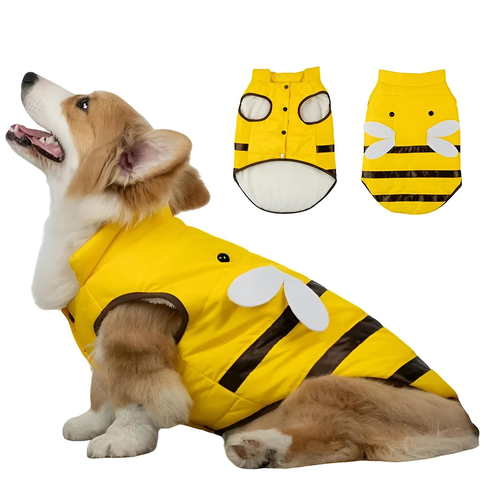 Yellow bee-pattern dog coat with high collar and velvet lining for winter