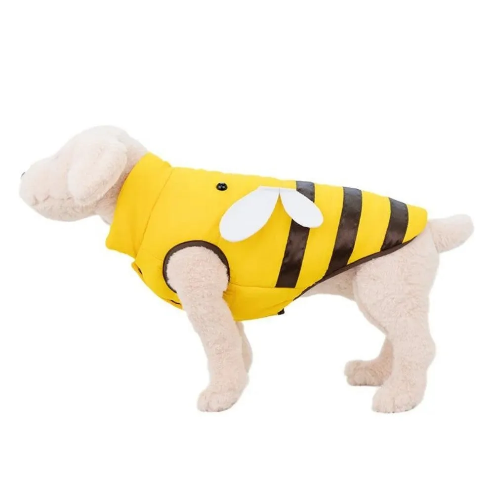 Yellow bee-pattern dog coat with high collar and velvet lining for winter