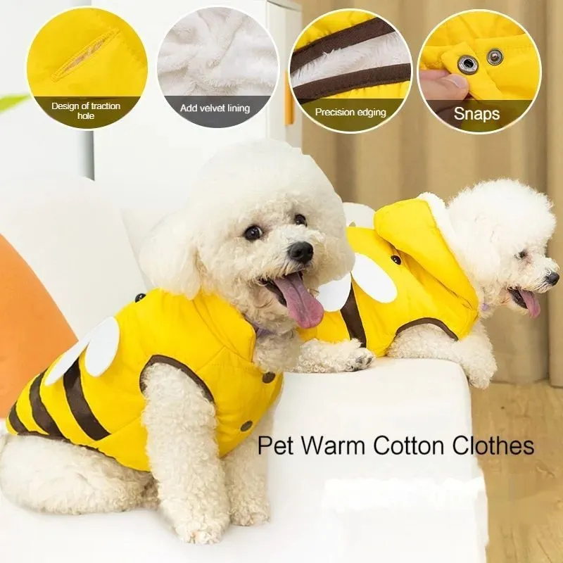 Yellow bee-pattern dog coat with high collar and velvet lining for winter