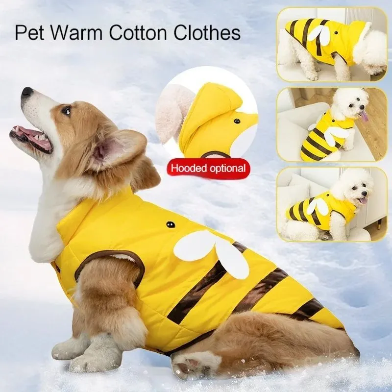Yellow bee-pattern dog coat with high collar and velvet lining for winter