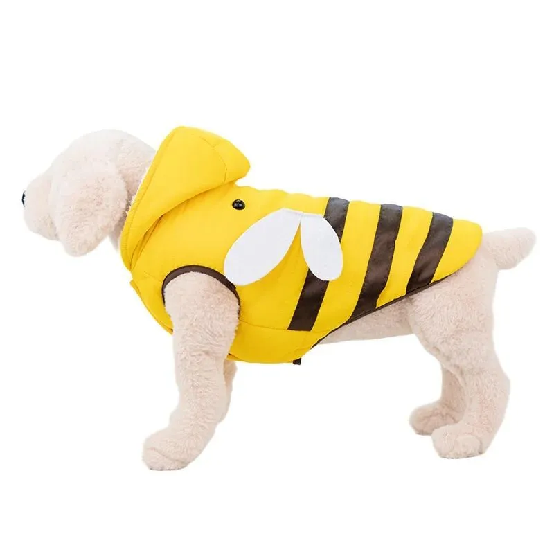 Yellow bee-pattern dog coat with high collar and velvet lining for winter