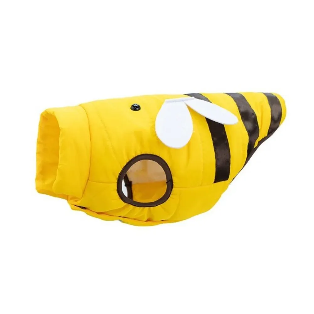 Yellow bee-pattern dog coat with high collar and velvet lining for winter