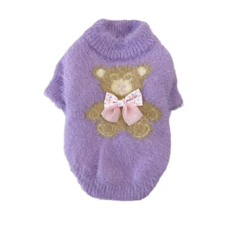 New winter dog cat bow tie bear sweater in wool, pet clothing in purple, pink, green-blue, white