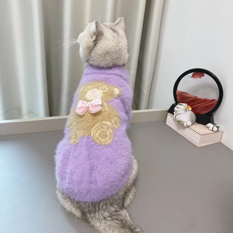 New winter dog cat bow tie bear sweater in wool, pet clothing in purple, pink, green-blue, white