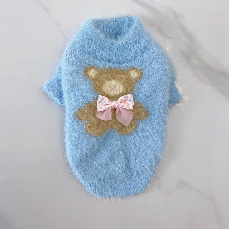 New winter dog cat bow tie bear sweater in wool, pet clothing in purple, pink, green-blue, white