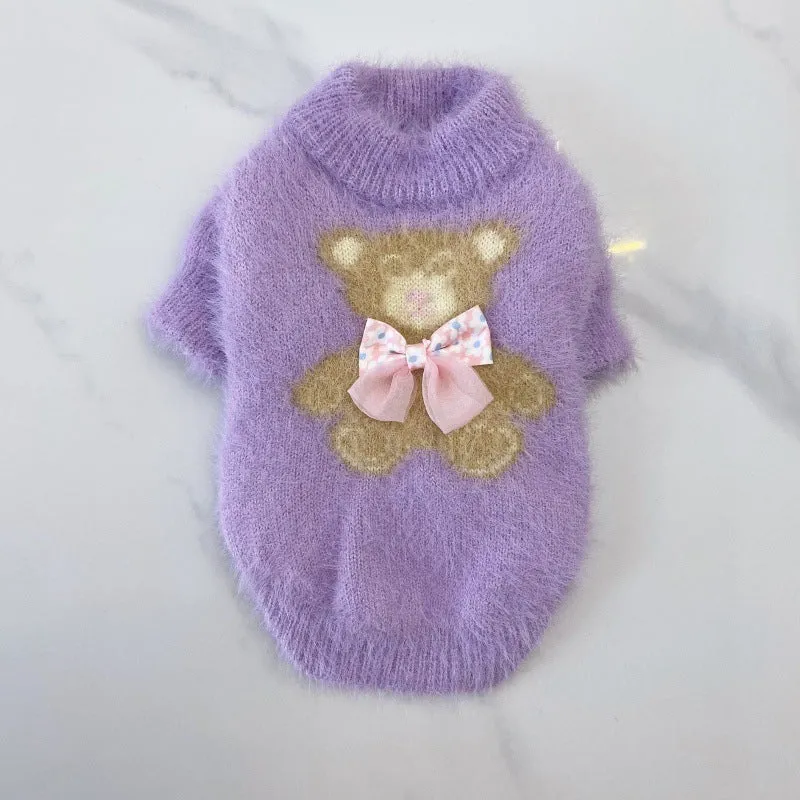 New winter dog cat bow tie bear sweater in wool, pet clothing in purple, pink, green-blue, white