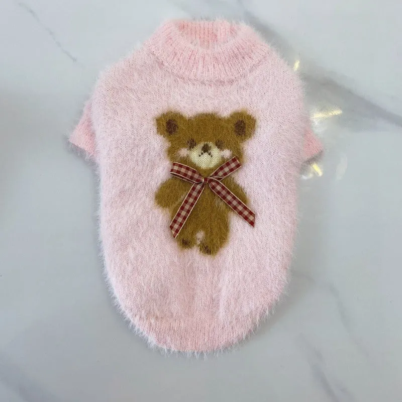 New winter dog cat bow tie bear sweater in wool, pet clothing in purple, pink, green-blue, white
