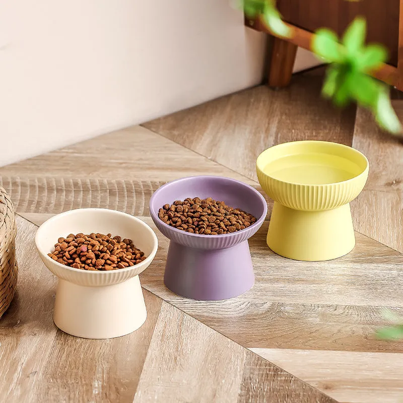 Anti-tumble pet goblet rice bowl for cats in striped oblique matte purple colourway
