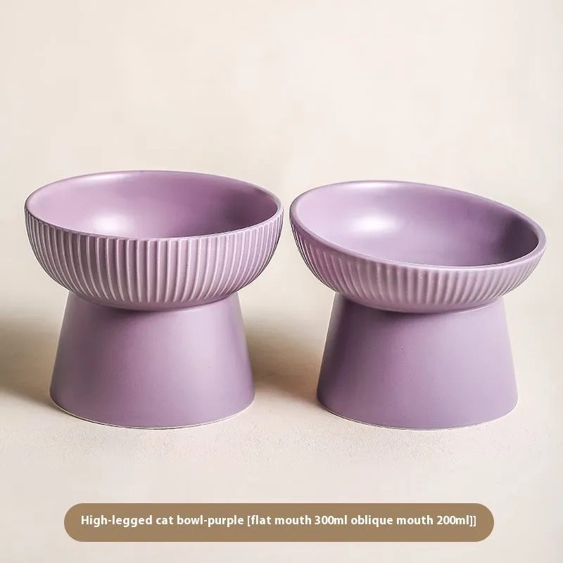 Anti-tumble pet goblet rice bowl for cats in striped oblique matte purple colourway