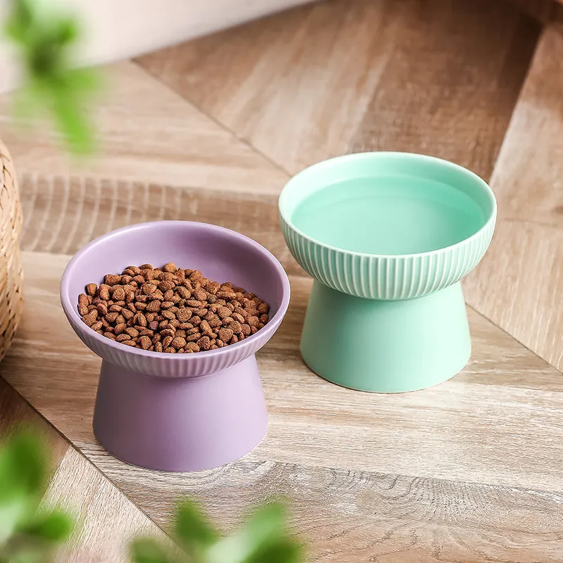 Anti-tumble pet goblet rice bowl for cats in striped oblique matte purple colourway