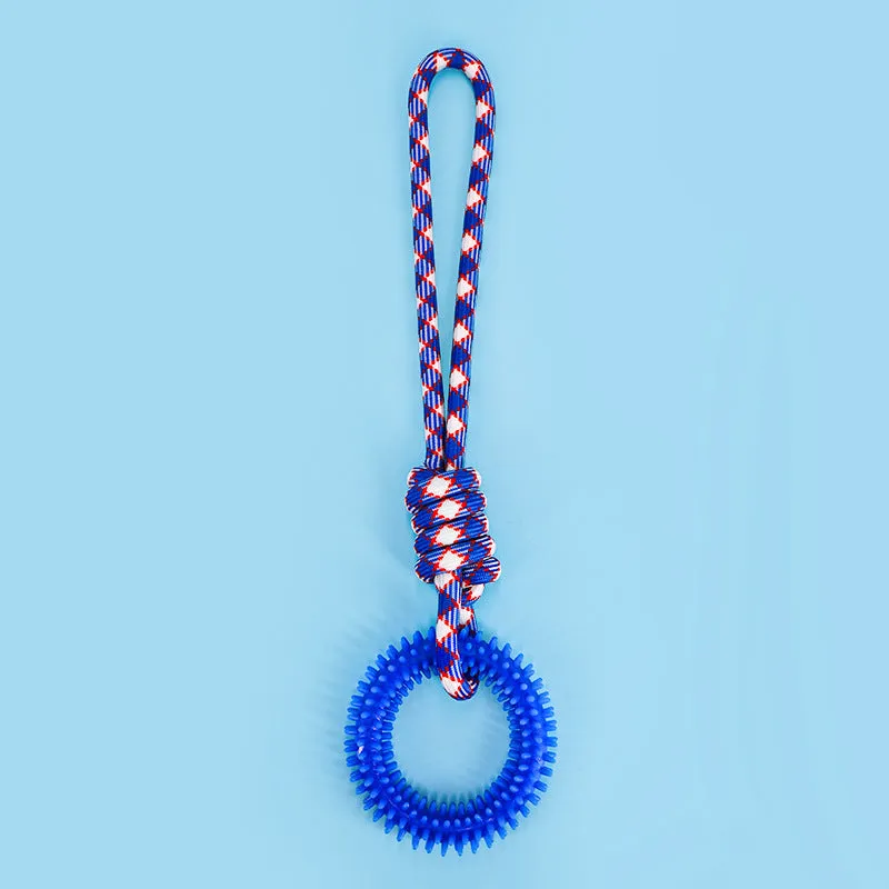 Blue braided rope dog toy with multiple knots measuring 43 cm in length