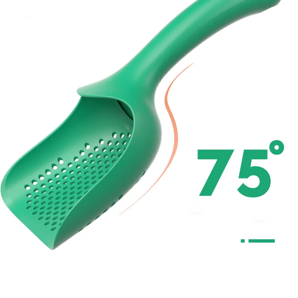 Green plastic cat litter scoop with hollow head and handle on white background