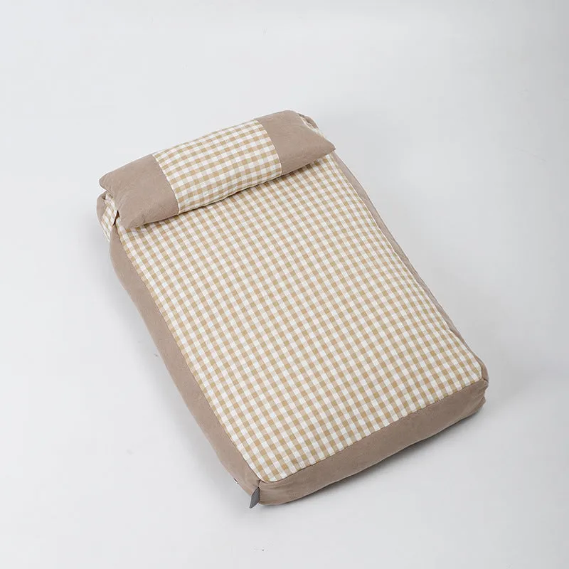 Pet plaid colour-matching kennel mattress with removable washable cover in khaki