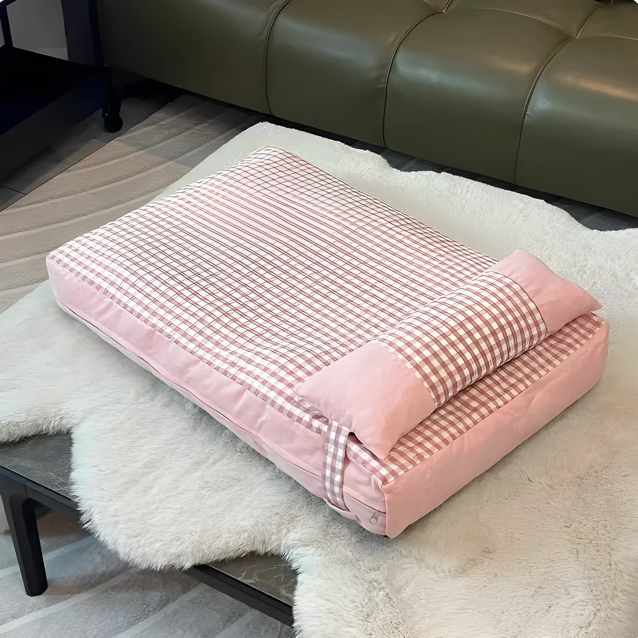 Pet plaid colour-matching kennel mattress with removable washable cover in khaki