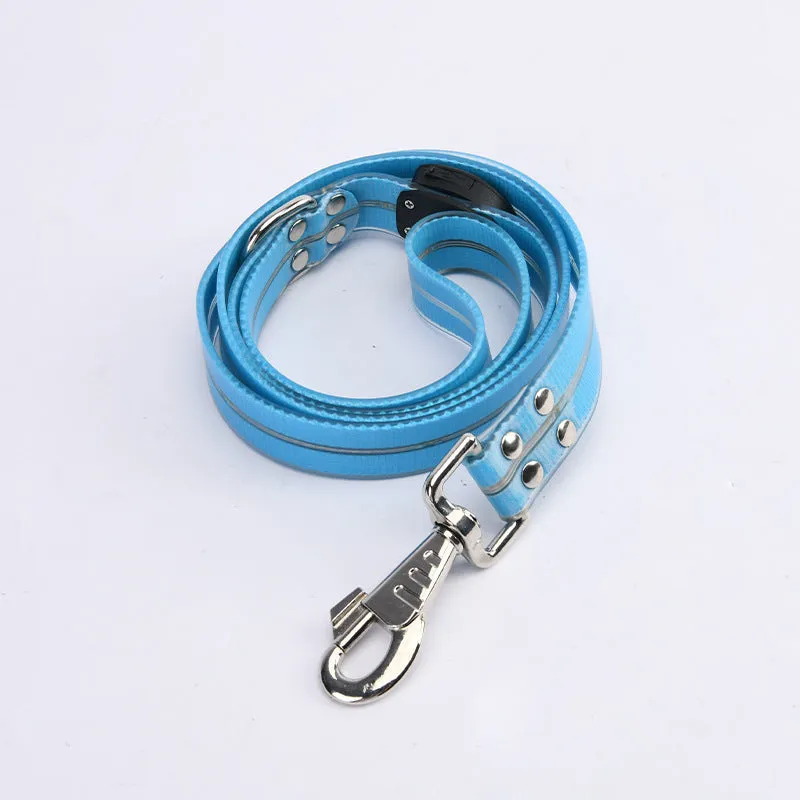 LED light-emitting pet collar and hand holding rope in orange for dog or cat visibility