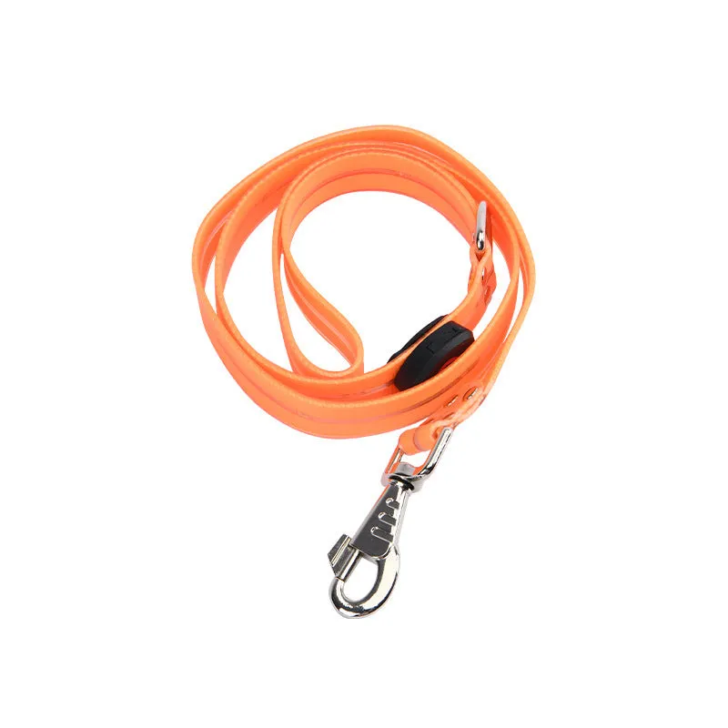 LED light-emitting pet collar and hand holding rope in orange for dog or cat visibility