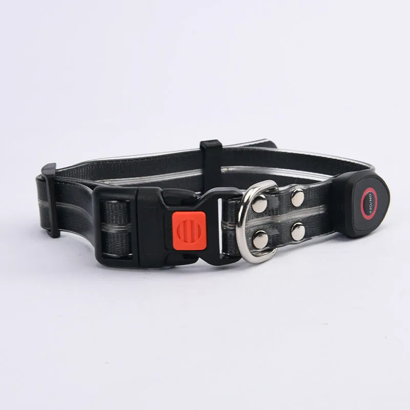 LED light-emitting pet collar and hand holding rope in orange for dog or cat visibility