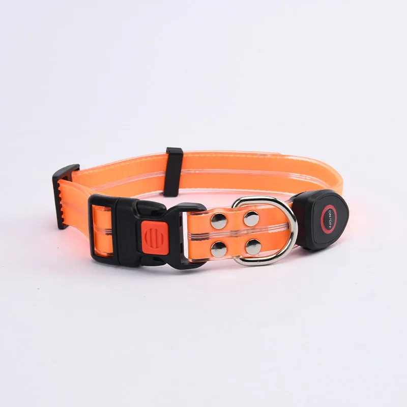 LED light-emitting pet collar and hand holding rope in orange for dog or cat visibility