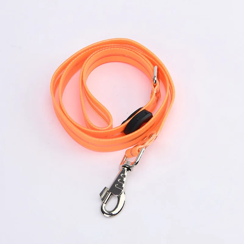 LED light-emitting pet collar and hand holding rope in orange for dog or cat visibility