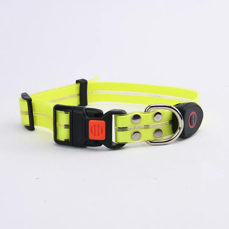 LED light-emitting pet collar and hand holding rope in orange for dog or cat visibility