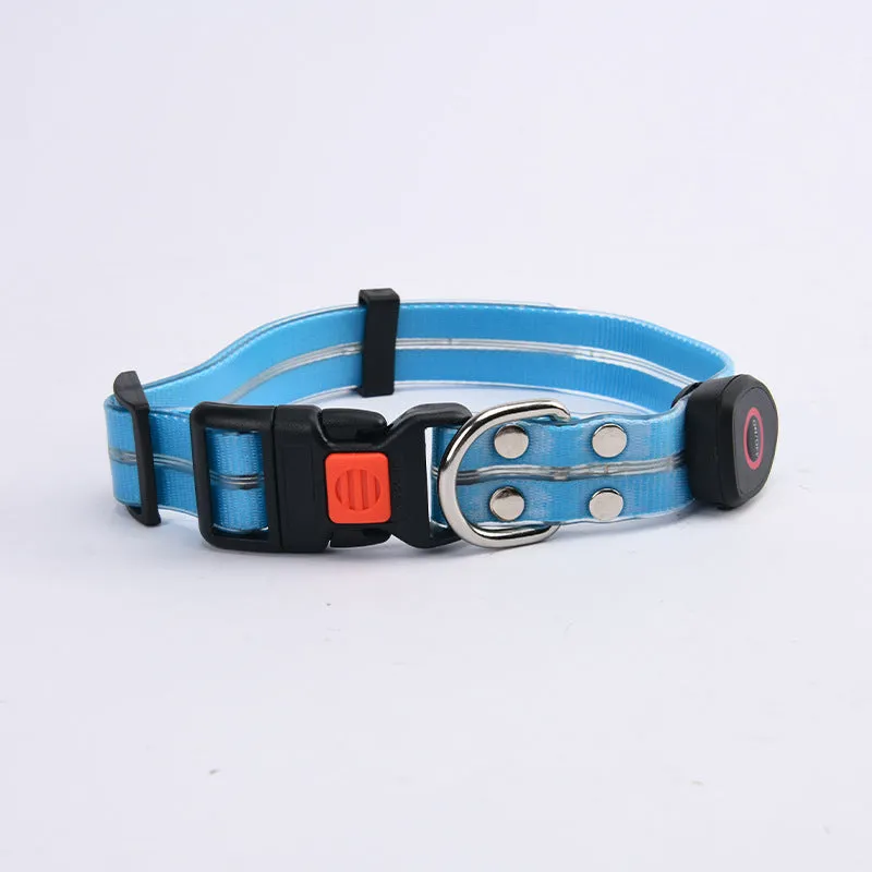 LED light-emitting pet collar and hand holding rope in orange for dog or cat visibility