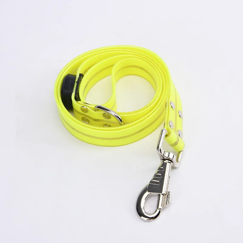 LED light-emitting pet collar and hand holding rope in orange for dog or cat visibility