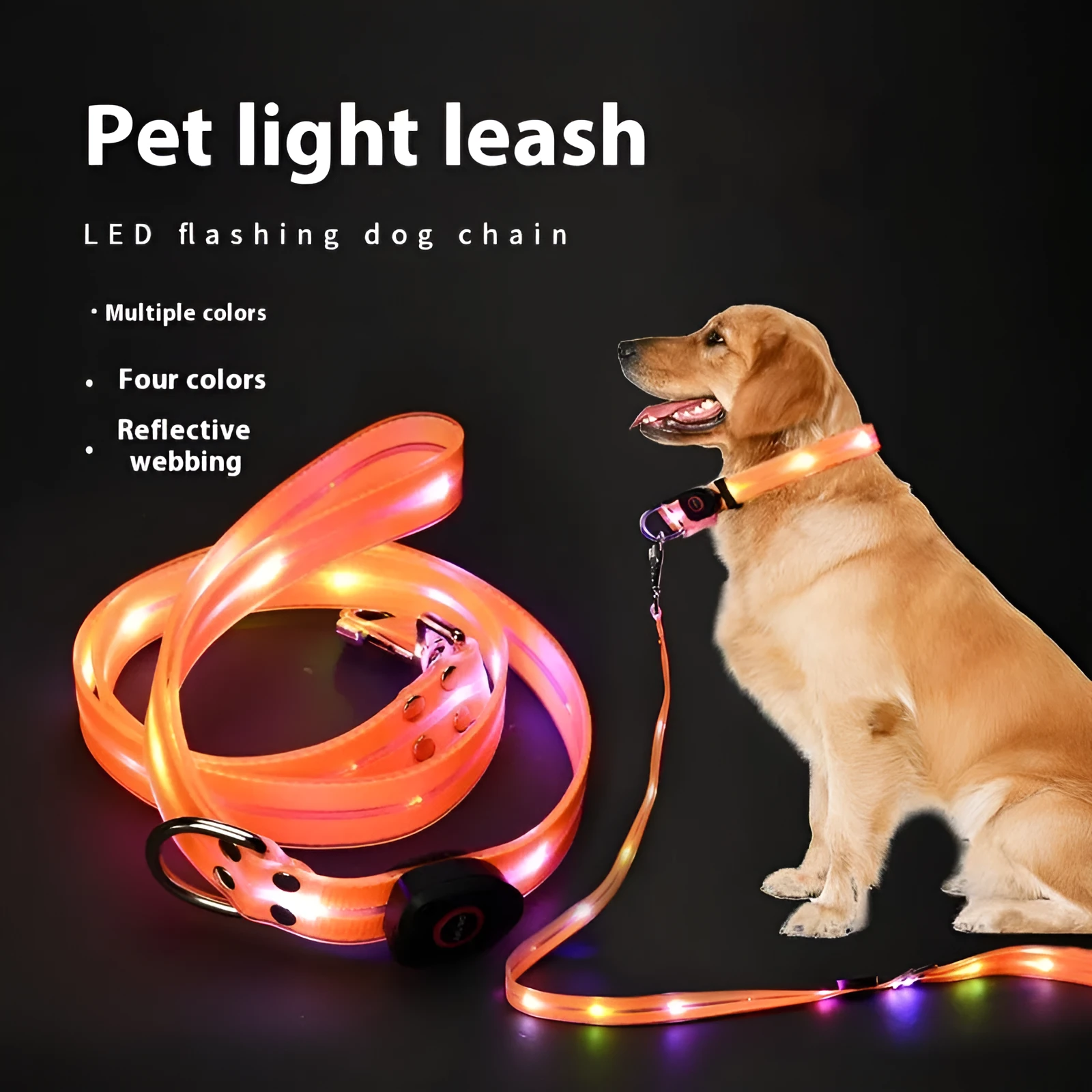 LED light-emitting pet collar and hand holding rope in orange for dog or cat visibility