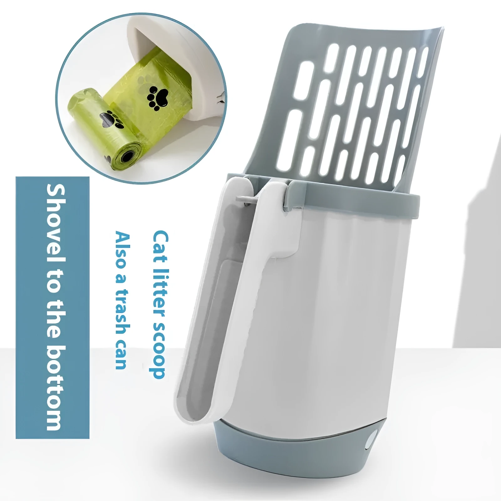 Grey PP integrated cat litter scoop set on a white background
