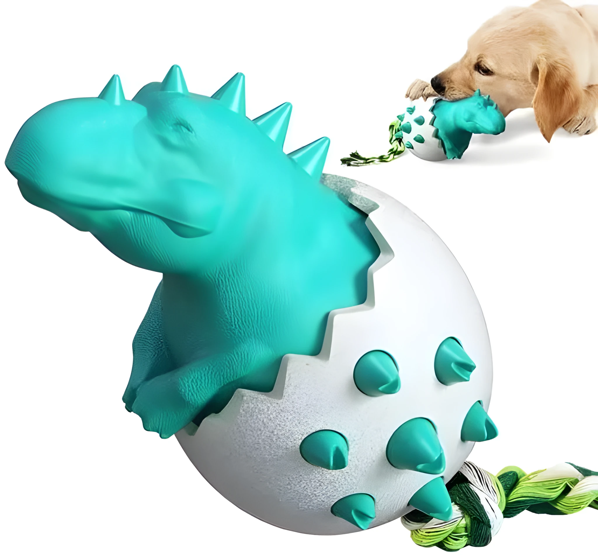 Blue dinosaur-shaped dog chew toy with textured rubber body and green nylon rope tails.