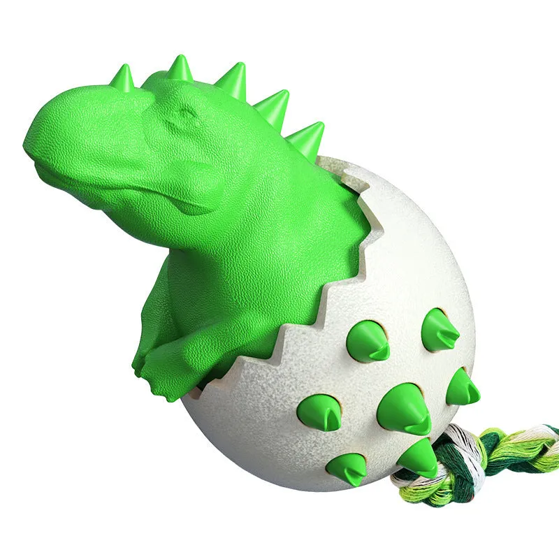 Blue dinosaur-shaped dog chew toy with textured rubber body and green nylon rope tails.