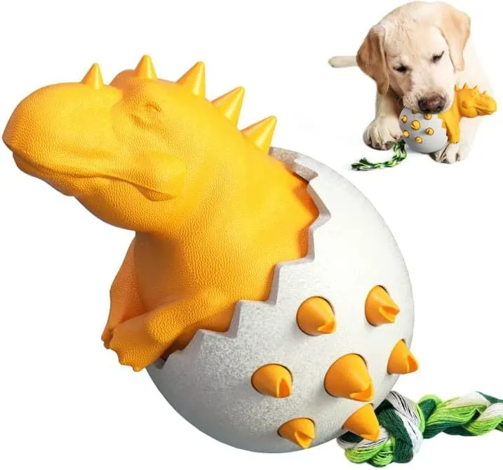 Blue dinosaur-shaped dog chew toy with textured rubber body and green nylon rope tails.