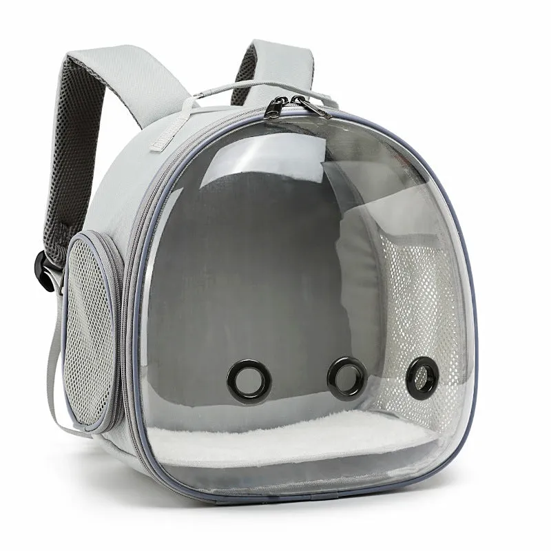Pet backpack hamster carrier with clear bubble window in black showing side mesh vent