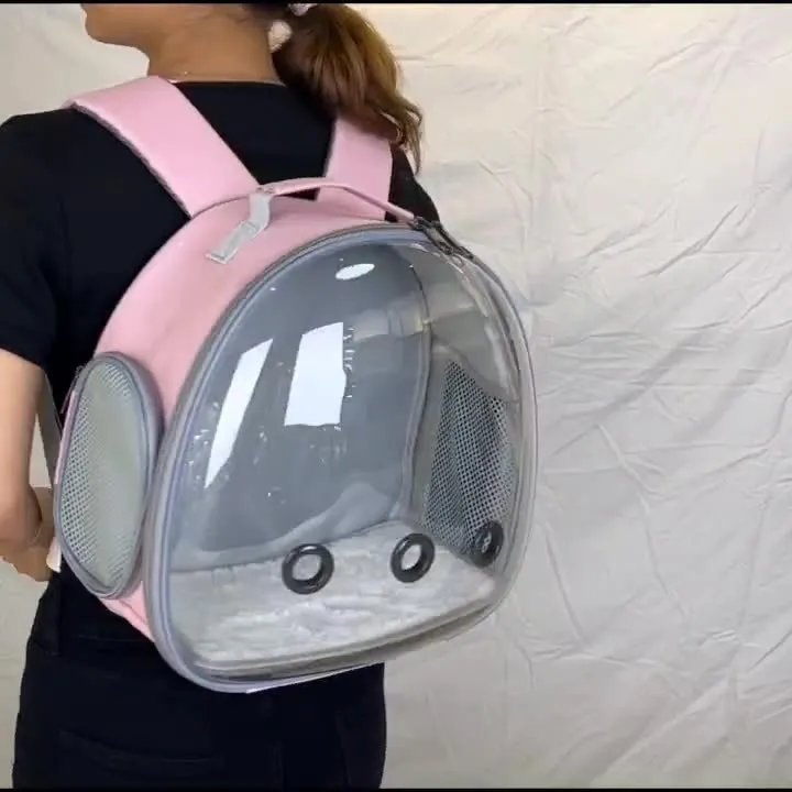 Pet backpack hamster carrier with clear bubble window in black showing side mesh vent