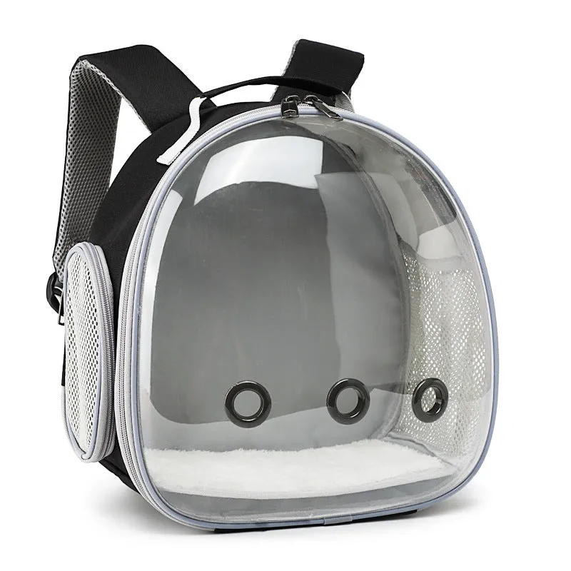 Pet backpack hamster carrier with clear bubble window in black showing side mesh vent