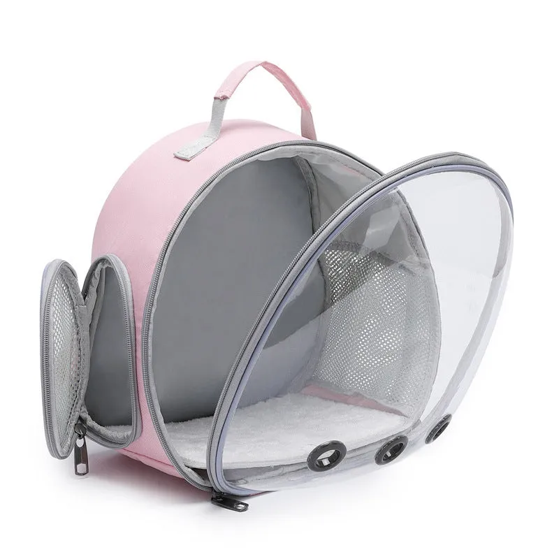 Pet backpack hamster carrier with clear bubble window in black showing side mesh vent