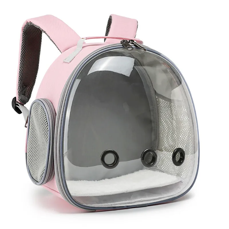 Pet backpack hamster carrier with clear bubble window in black showing side mesh vent