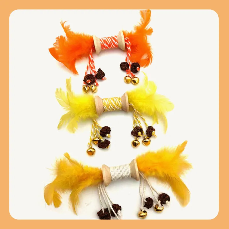 Feather bell gall fruit cat toy in ginger colour with bells and feathers on green background