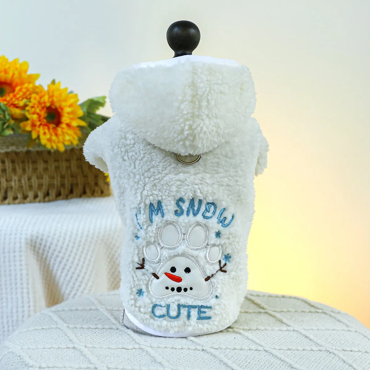 Christmas fluffy pet jacket in sweet mouth snowman design, side view on cat, size M